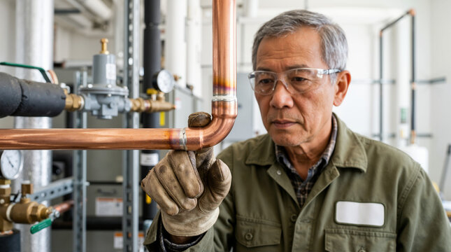 Senior Asian male HVAC technician inspecting a brazed copper pipe joint. Experienced plumber wearing safety glasses and a leather glove checking his work in a utility room