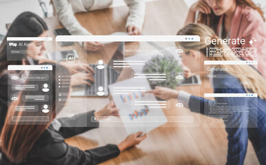 Fototapeta premium A dynamic office scene showcasing a collaborative business meeting with a focus on technology solutions, AI interfaces, and data analysis highlighting teamwork and innovative discussions. Ledger