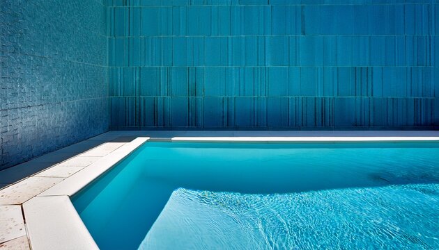 swimming pool corner featuring clear turquoise water and white stone coping tiles under bright sunlight against a vibrant blue textured wall in a modern luxury outdoor space