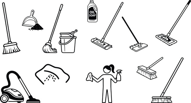 Collection of cleaning tools and supplies in black and white line art broom dustpan