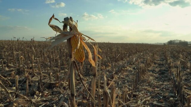 Corn stalk with dried husks and visible ears stands prominently in a harvested field under a bright sky, showcasing the agricultural landscape's seasonal transition
