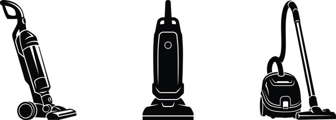 Collection of Three Black Vacuum Cleaner Silhouettes on White Background upright vacuum canister vacuum © MdMominur