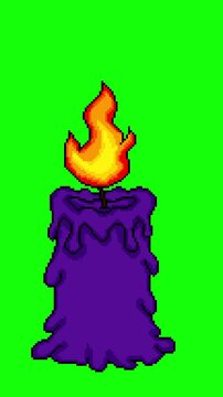 Cartoon Pixel Art Purple Candle with Flickering Flame. Halloween Green Screen Loop Animation. Perfect for Halloween videos, spooky overlays, retro game projects, motion graphics, streaming assets