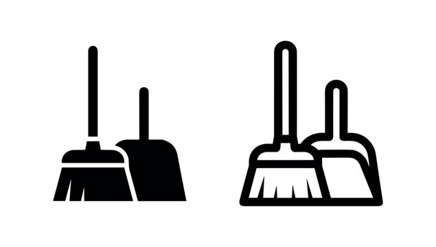 Broom and dustpan icon in filled and outline style. Cleaning tools symbol for household chores.
