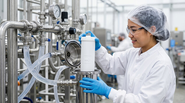Female technician replacing a beverage filtration membrane cartridge. Asian woman in lab coat maintaining stainless steel filter housing in a clean production facility