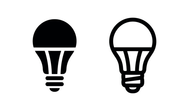 LED light bulb icon set. Vector energy-saving light source symbol in glyph and outline style.