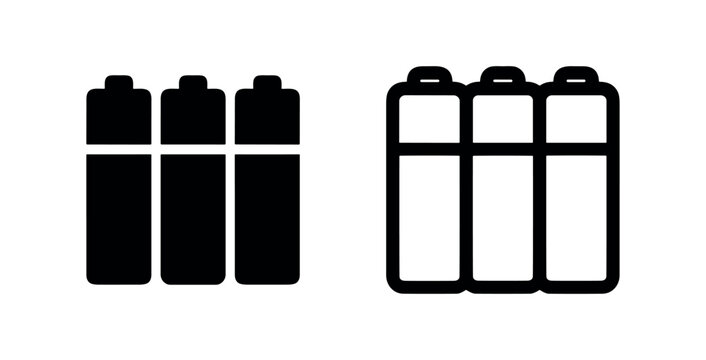 Batteries icon set. Vector triple battery power source symbol in glyph and outline style.