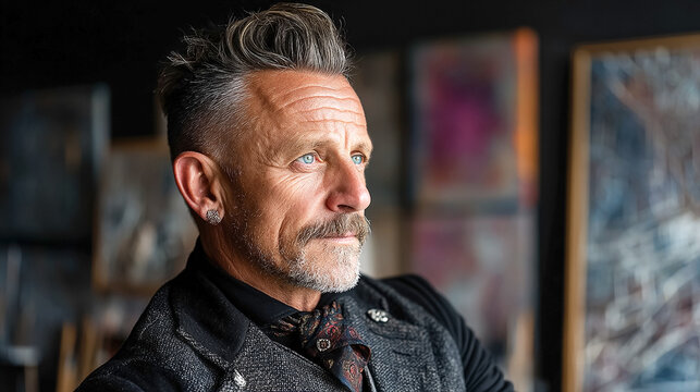 A sophisticated middle-aged man with a stylish grey pompadour hairstyle and a well-groomed mustache, wearing a textured tweed vest and patterned cravat, posing in an artistic studio.