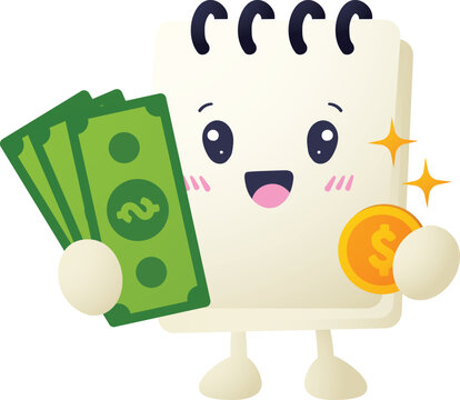 Cute notepad character holds pencil and calculator