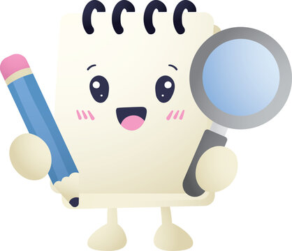 Cute notepad character smiles happily with money and calculator