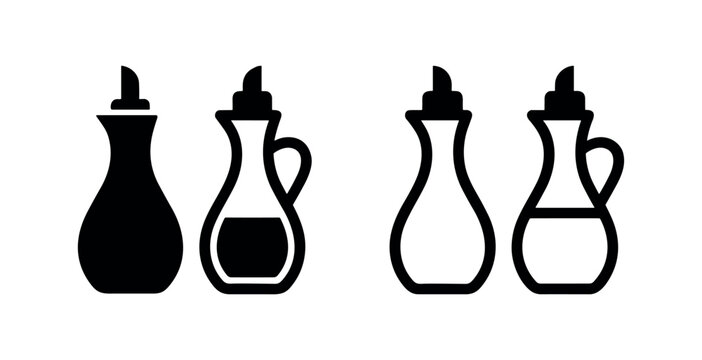 Oil and vinegar cruets icon set. Dispensers for cooking and dressing, glyph and outline style.