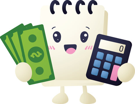Happy cartoon character holds clipboard and money