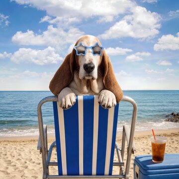 A basset hound lounges on a striped beach chair by the ocean, wearing star-shaped sunglasses and with a cool drink resting on a nearby cooler
