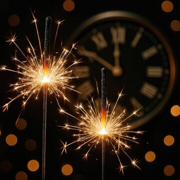 Two sparklers illuminate the scene, enhancing the celebratory mood, while a large clock in the background points to the approaching midnight countdown