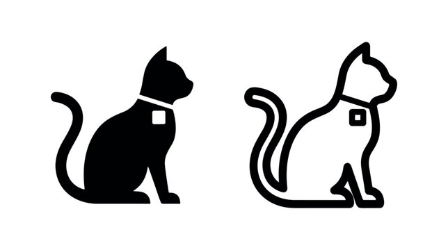 Cat with collar and tag icon, pet animal symbol, black and white vector illustration.