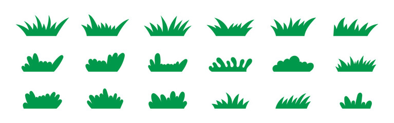 Iconos de césped para paisajismo que representan hierba, jardines y vegetación, estilo sólido © Frank