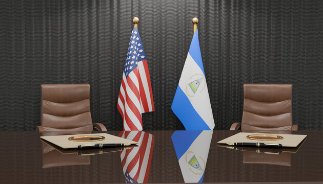 Diplomatic Meeting: A formal meeting room set for discussions between the United States and Nicaragua, featuring national flags and formal seating arrangements.