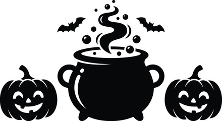Spooky witch pot and carving pumpkins vector design, flying bats and magic brew emblem for Halloween party decoration © Rekha