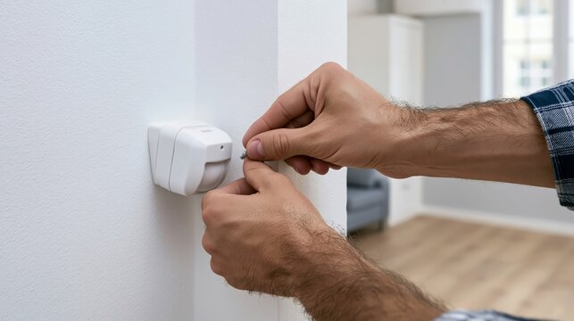 Technician mounting a PIR motion sensor onto a wall corner bracket. Concept of motion alarm installation.