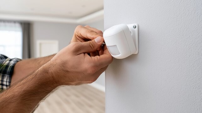Technician mounting a PIR motion sensor onto a wall corner bracket. Concept of motion alarm installation.