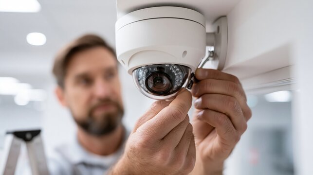 Technician mounting a dome camera onto a wall bracket. Concept of security camera installation.