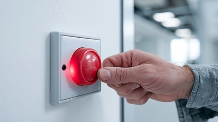 Naklejka premium Technician screwing a red panic button unit onto a wall surface. Concept of emergency alarm installation.