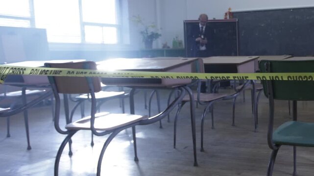 Police investigating a crime in a classroom at school
