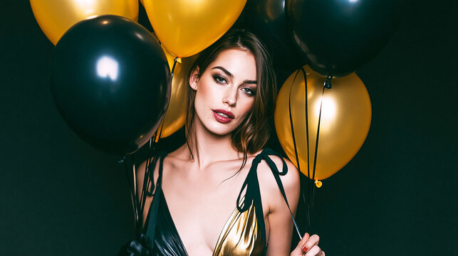 Stunning young woman with elegant makeup and gold and black dress posing with festive gold and black balloons against a dark background, perfect for luxury birthday celebration