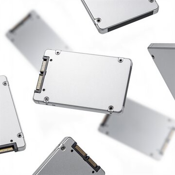 Solid state drives floating on white background for data storage technology