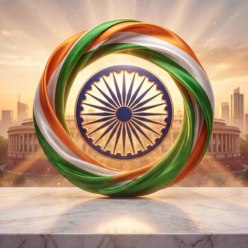Twisted Indian tricolor ring with central Ashoka Chakra on marble surface against Parliament House building background for Independence Day