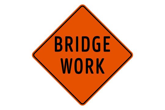 Orange diamond bridge work warning sign with bold black text, isolated on transparent background. Useful for construction, infrastructure repair, traffic control, and caution themes.