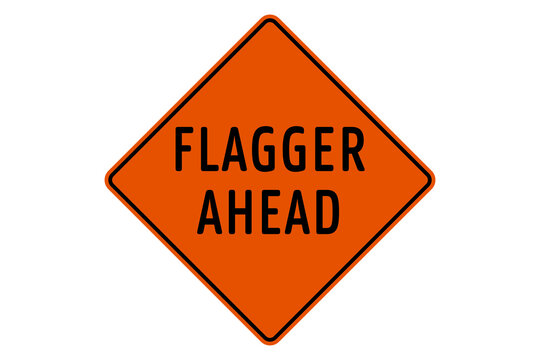 Orange diamond flagger ahead warning sign with bold black text, isolated on transparent background. Suitable for roadwork, temporary traffic control, and safety concepts.