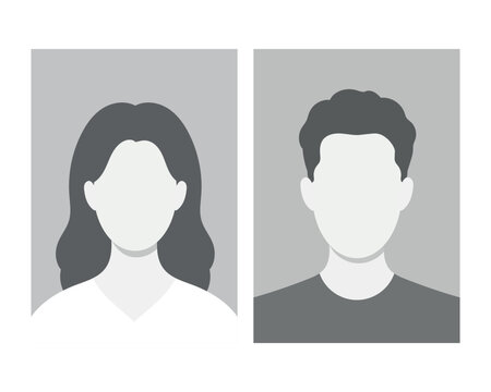 Passport photo placeholder set. Male and female profile avatars with blank face for identification documents. Human silhouette icons for resume, cv, or ID card. Flat vector illustration isolated on wh