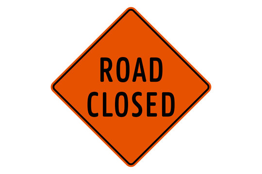 Orange diamond Road Closed warning sign with bold black text, isolated on transparent background. Useful for closures, detours, traffic control, and construction themes.