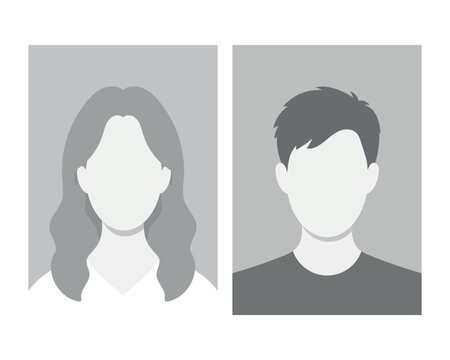 Passport photo templates with male and female silhouettes. Blank user avatar profiles for identification documents. Vector illustration of identity card portrait layout isolated on white background.