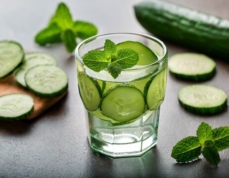 a refreshing glass of cucumber water with slices and mint leaves on a table