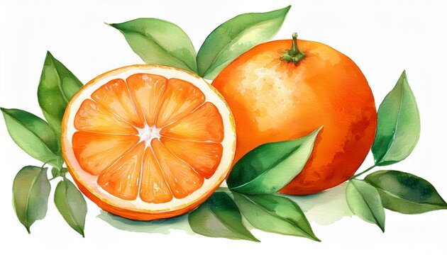 watercolor of a whole orange and a sliced half with green leaves