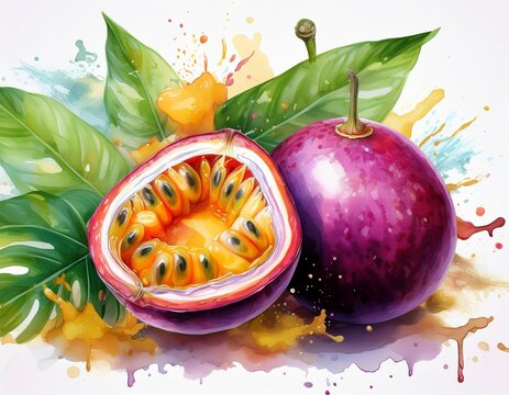 watercolor of whole and sliced passion fruit with tropical leaves and splashes