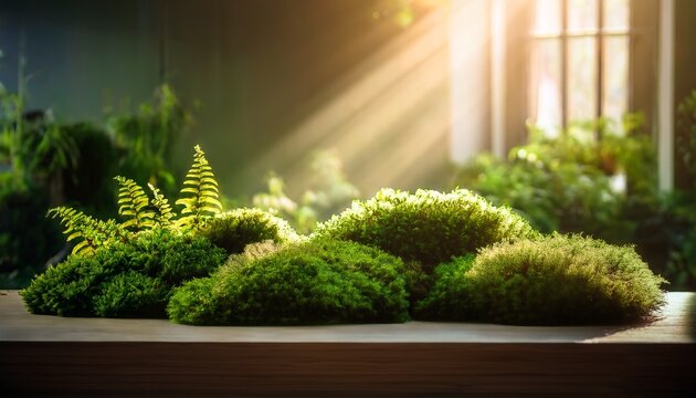 lush moss in a serene and ethereal mood under soft sunlight against an indoor background