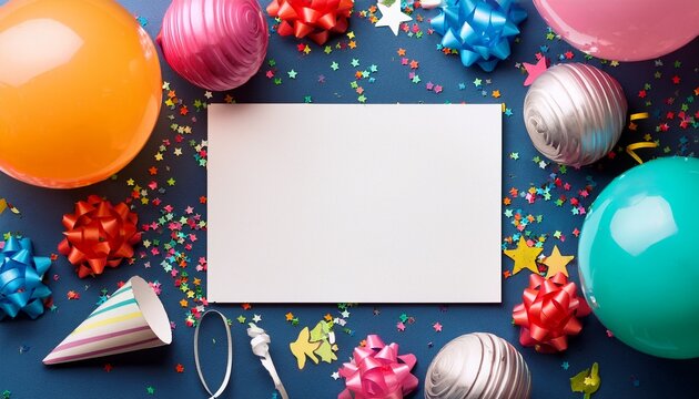 blank white greeting card with colorful party decorations