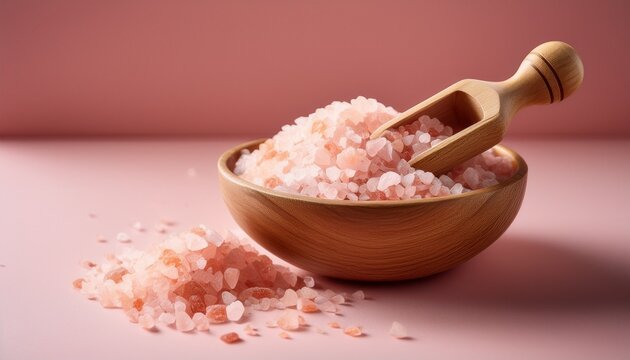 pink himalayan salt in a wooden bowl with a wooden scoop on a soft pink background