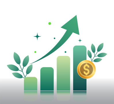 Green bar chart with an upward arrow, gold dollar coin, and leaves symbolizes sustainable financial growth and success on a white background.