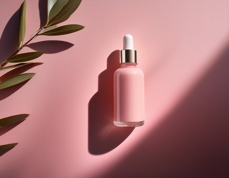 cosmetic serum bottle mockup on a minimalist pastel pink background with soft aesthetic light and leaf shadow