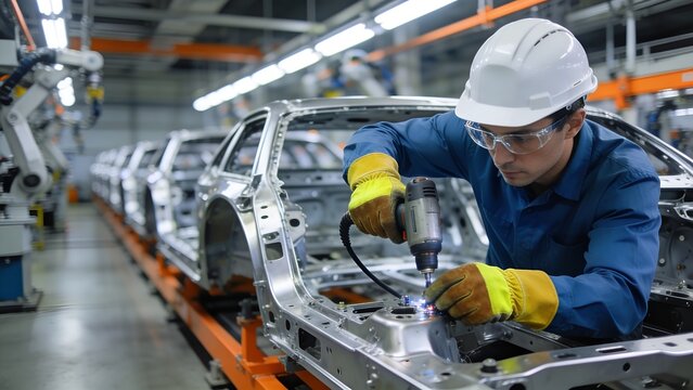 Professional automotive technician wearing protective gear uses a high powered electric drill to assemble metal car chassis components on a modern vehicle manufacturing assembly line floor.