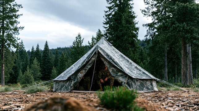 A military camouflage tent pitched in a clearing surrounded by dense pine forest under a cloudy sky, with soldiers visible resting inside the shelter