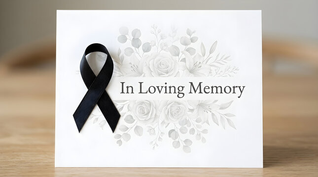 In loving memory card with black ribbon and floral design sympathy remembrance