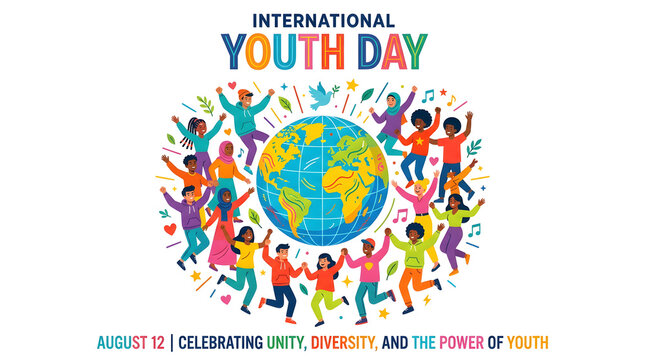 International youth day celebration with diverse group of people around