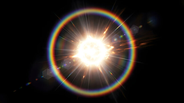 Rainbow circle with bright center on dark background, colorful