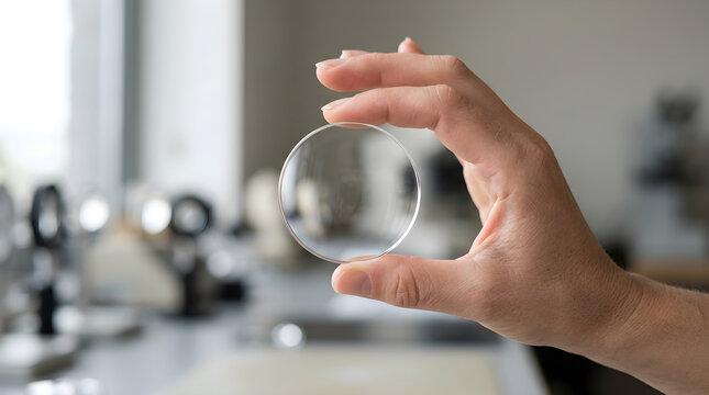 Close-up of a hand holding a crystal clear glass ball with still life, close-up