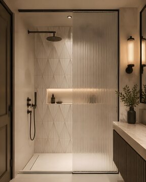 Minimalist Art Deco Shower Room With Geometric Cream Tiles Fluted Glass Fixtures And Warm Lighting